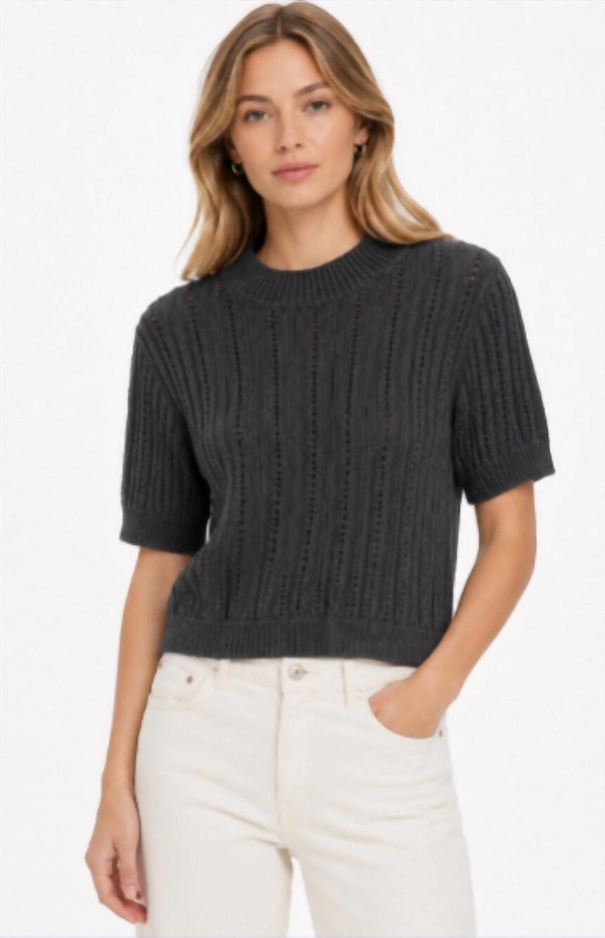 NEW AUTUMN CASHMERE rib pointelle short sleeve mock top in charcoal